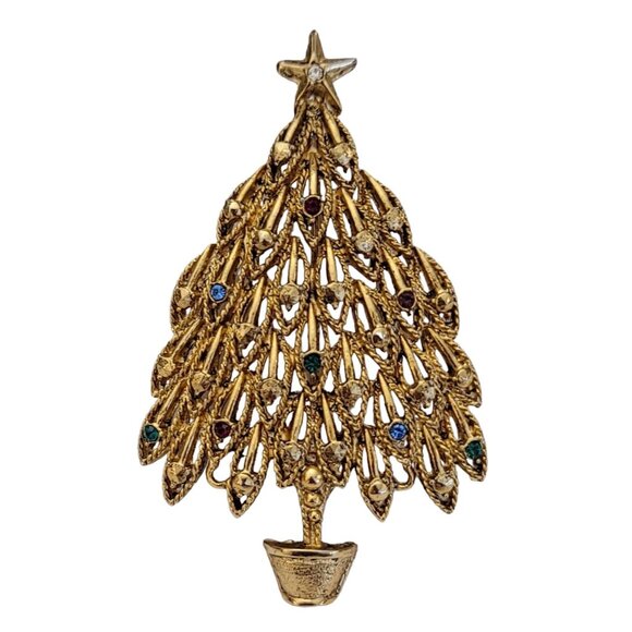 LIA Gold Tone Multi Color Rhinestone Christmas Tree Brooch, Signed K402 - Picture 2 of 7